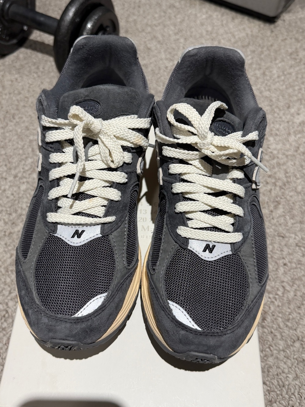 New Balance Men's Charcoal Gray and Cream Athletic Sneakers